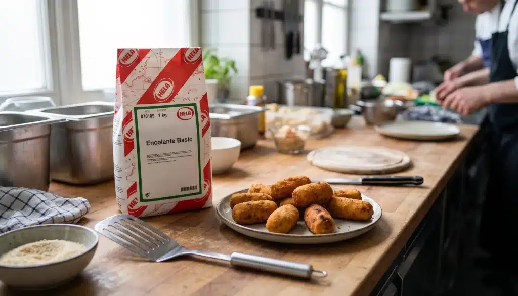 encolante alimentario colocado de forma sencilla sobre una encimera junto a croquetas caseras recién hechas. Iluminación natural suave, como luz de ventana.