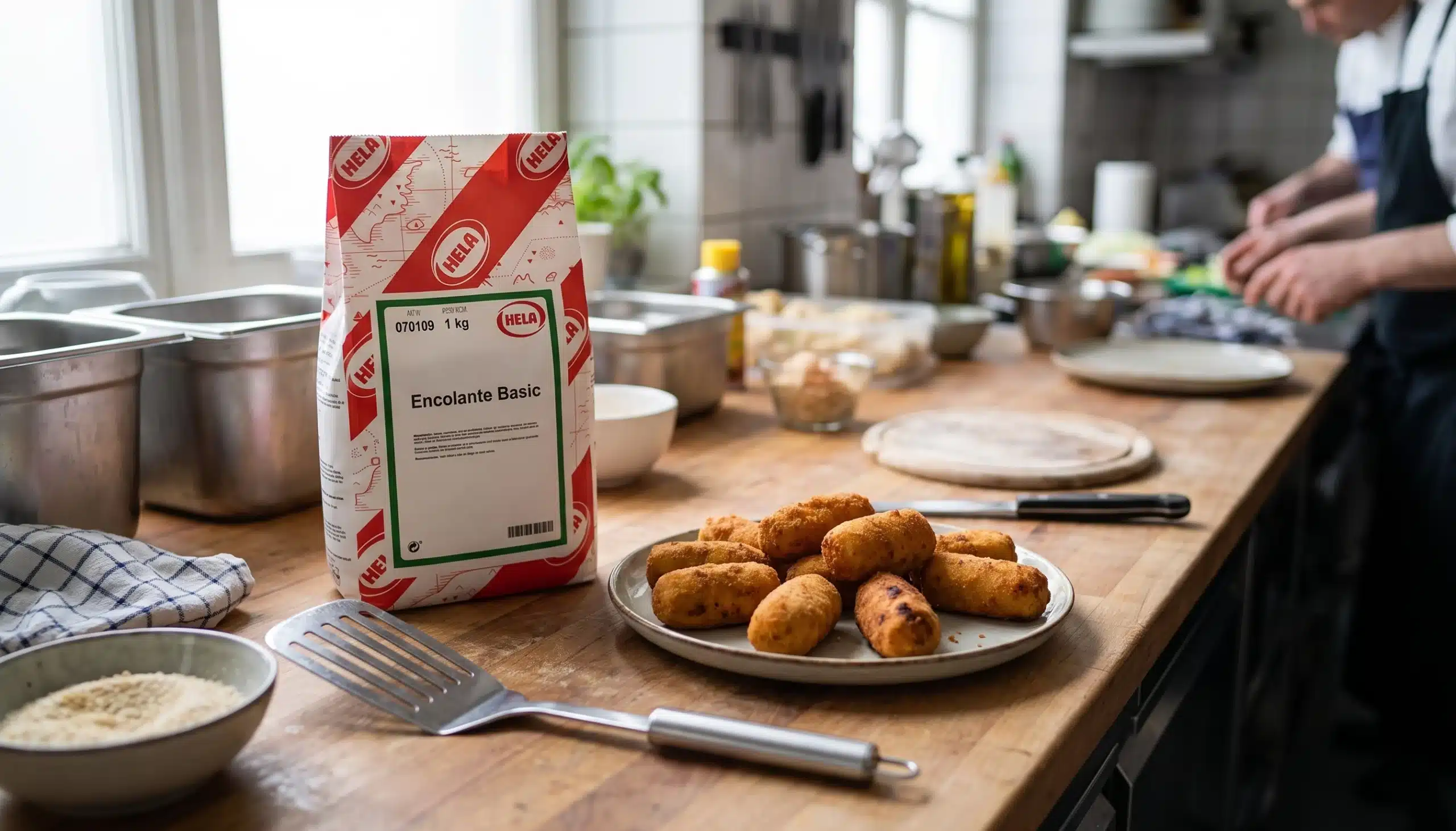encolante alimentario colocado de forma sencilla sobre una encimera junto a croquetas caseras recién hechas. Iluminación natural suave, como luz de ventana.