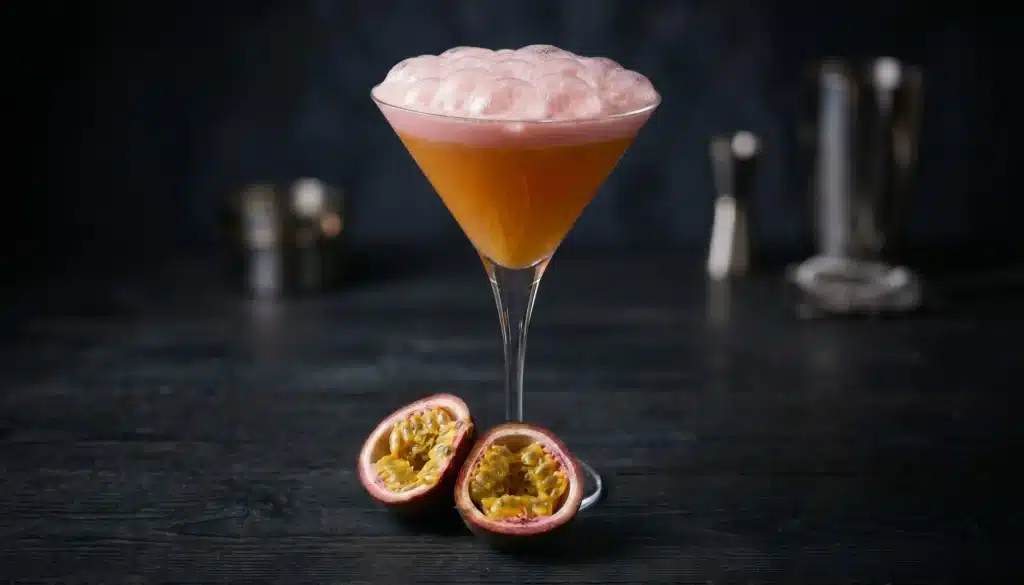 Tendencia de bebidas sin alcohol: Cóctel de fruta de la pasión con pomplas de fresa