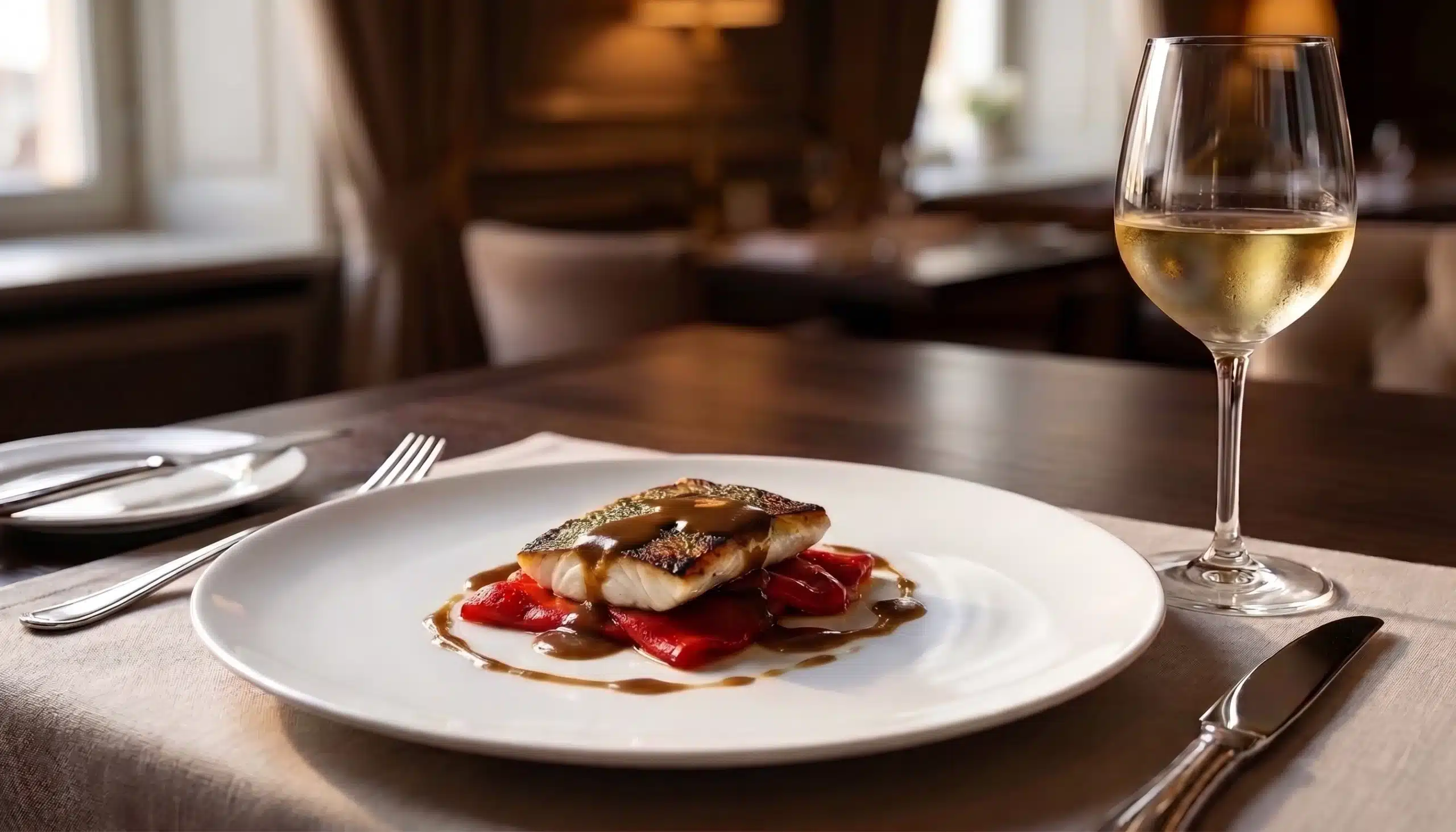 Lubina con pimientos de piquillo presentada en un restaurante junto a una copa de vino blanco para un maridaje de vinos en cocina molecular.