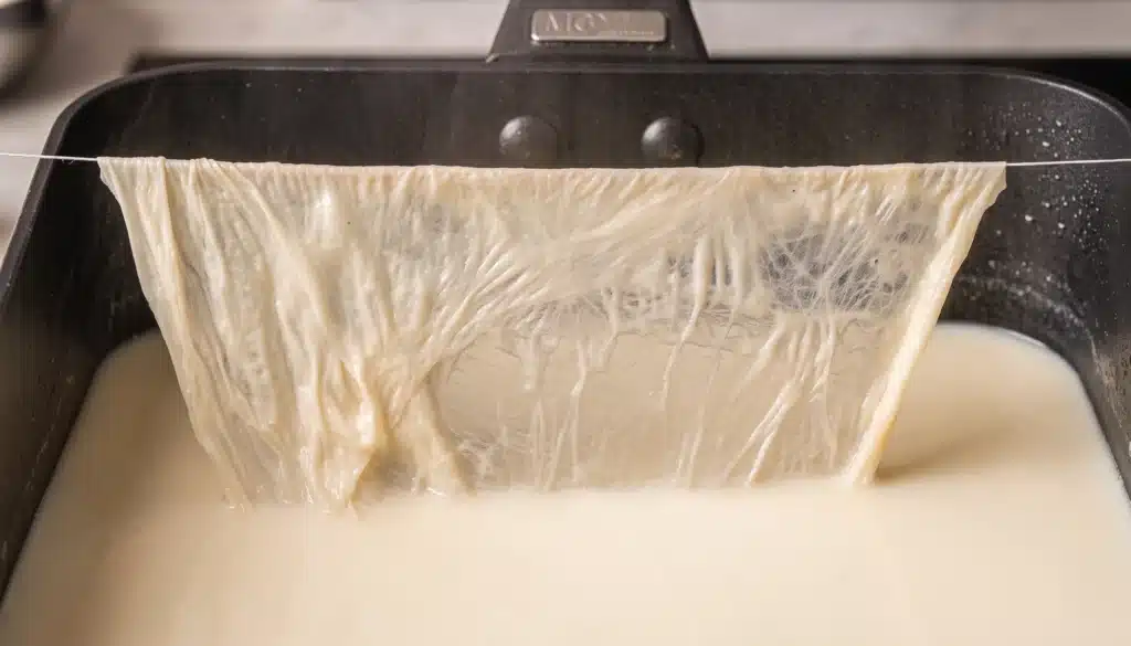 Elaboración artesanal de yuba secándose tras ser retirada de la superficie de la leche.